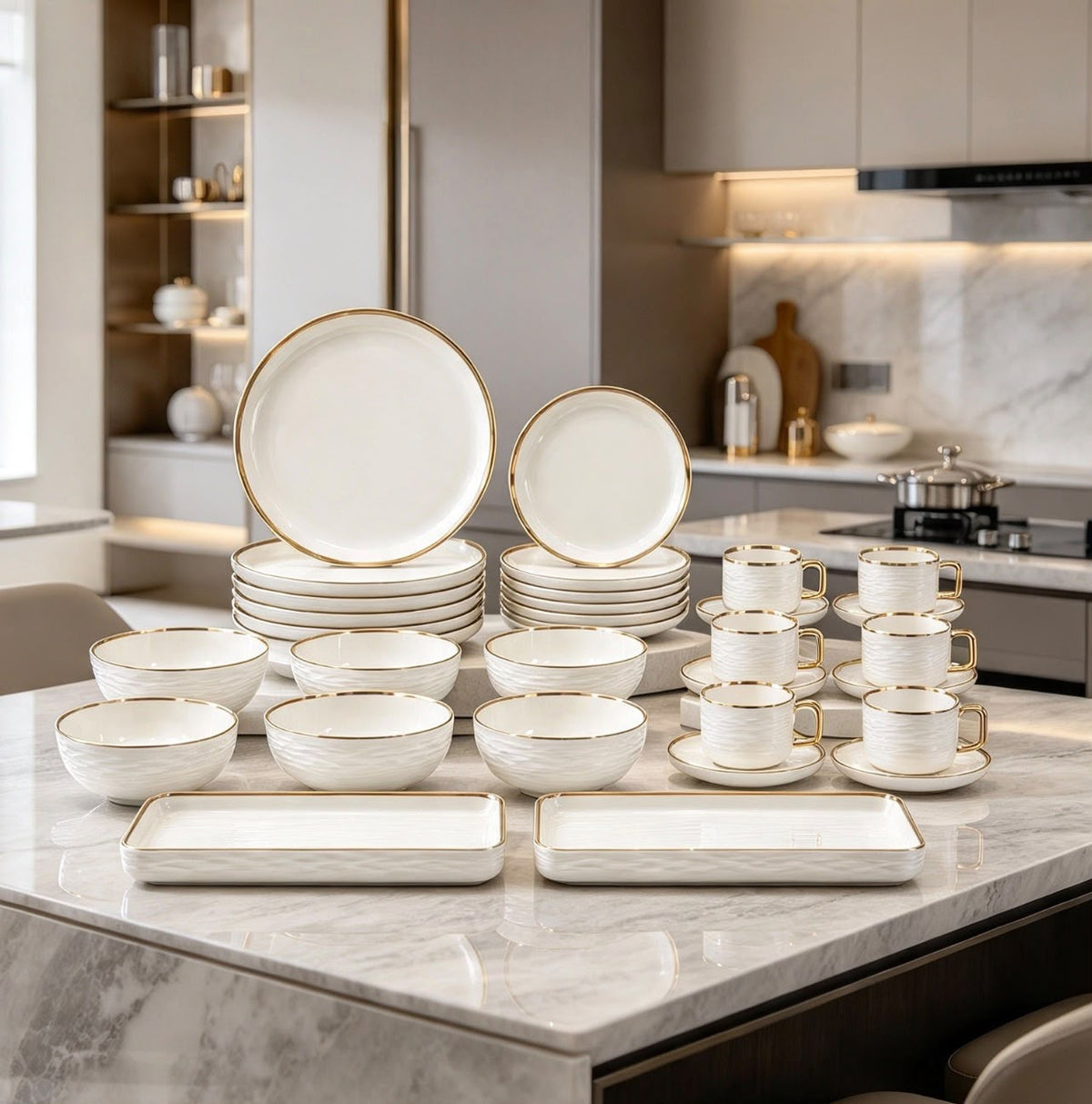 32 Piece White Gold Rim Dinner Set | 6 Person Luxury Ceramic Tableware