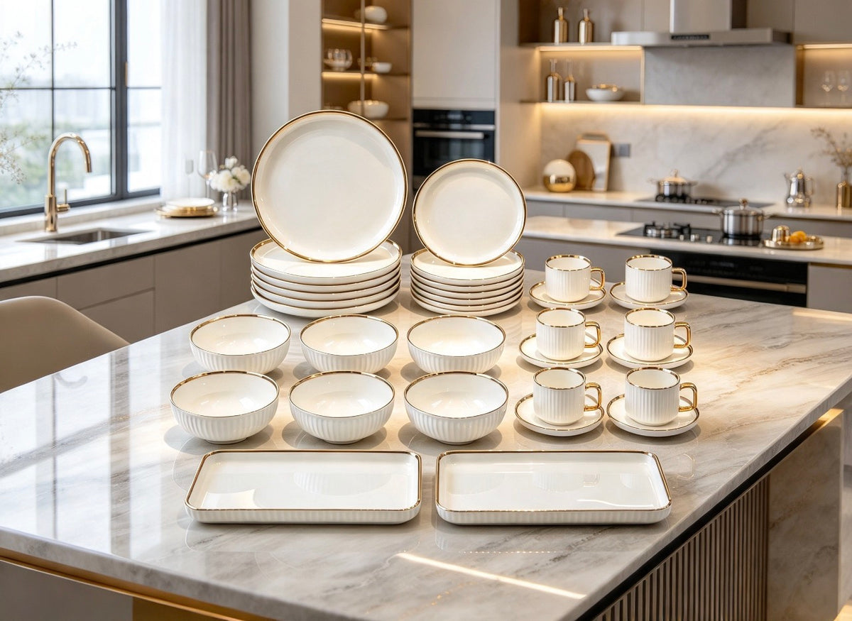 32 Piece White Gold Rim Dinner Set | 6 Person Luxury Ceramic Tableware