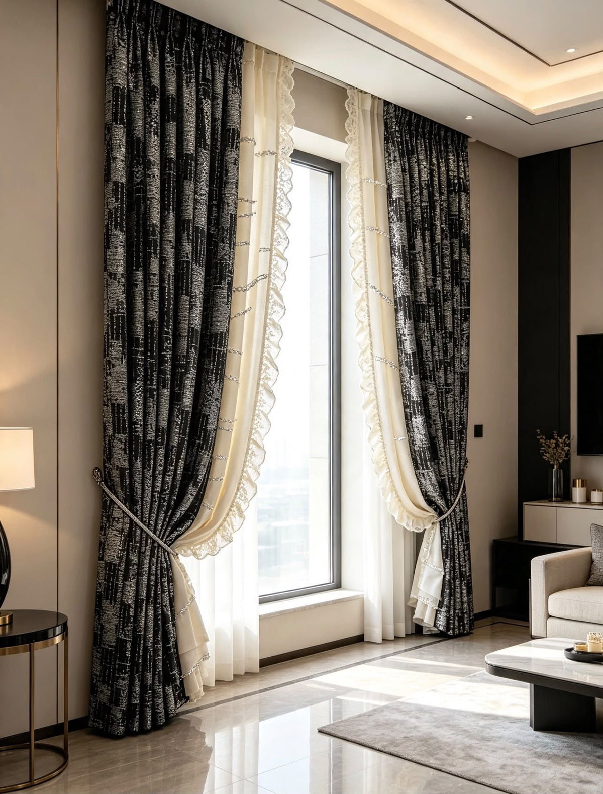 Elegant Beige Leaf Embroidered Lace Curtains — 3m Width × 2m Length