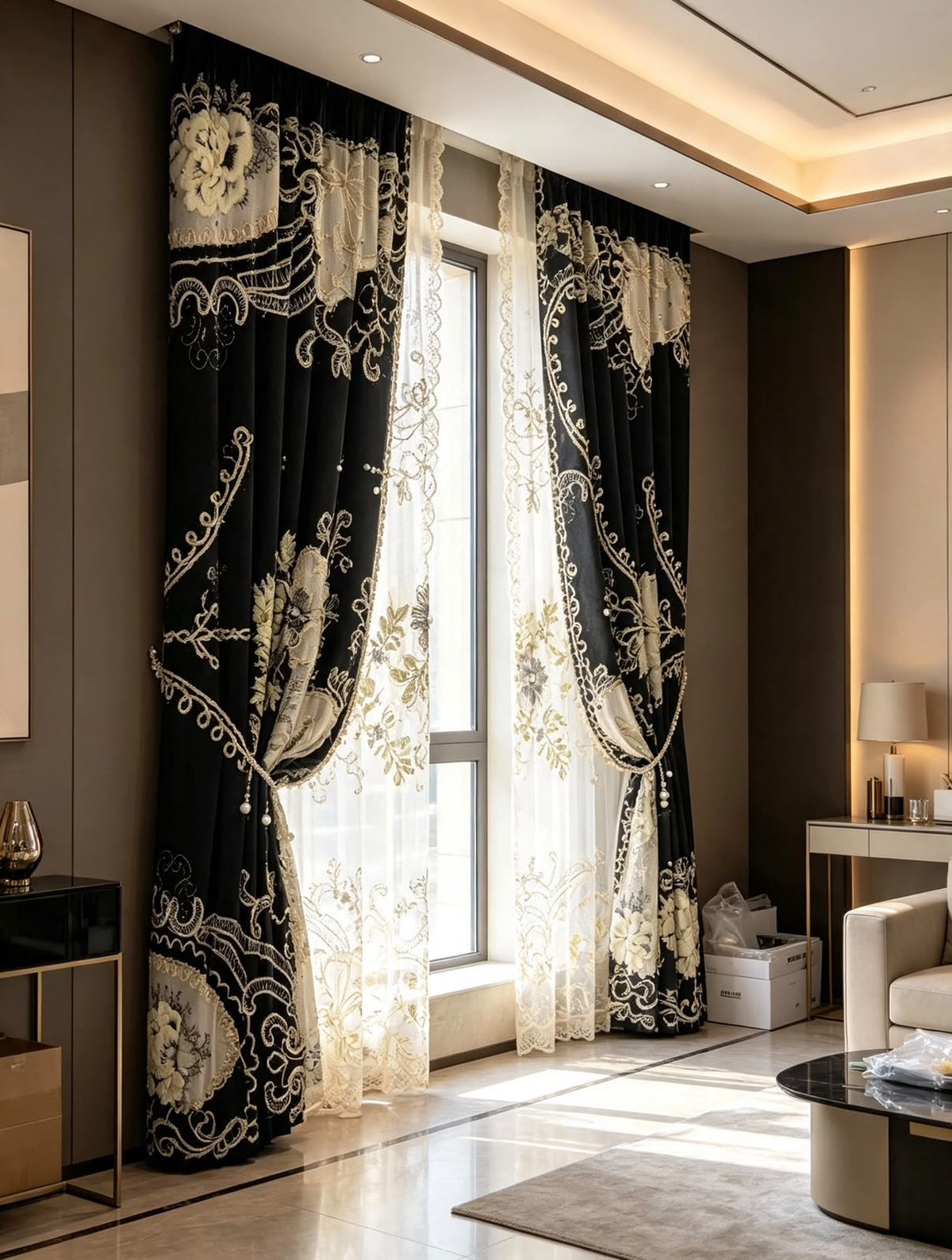 Opulent Floral Embroidered Burgundy Velvet Curtains — Width 2.5m, Length 2m — Luxury Double Layer Design