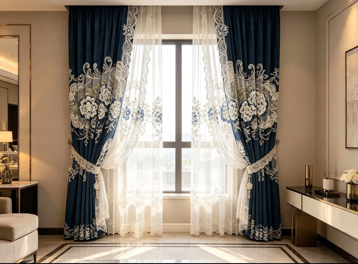 Opulent Floral Embroidered Burgundy Velvet Curtains — Width 2.5m, Length 2m — Luxury Double Layer Design