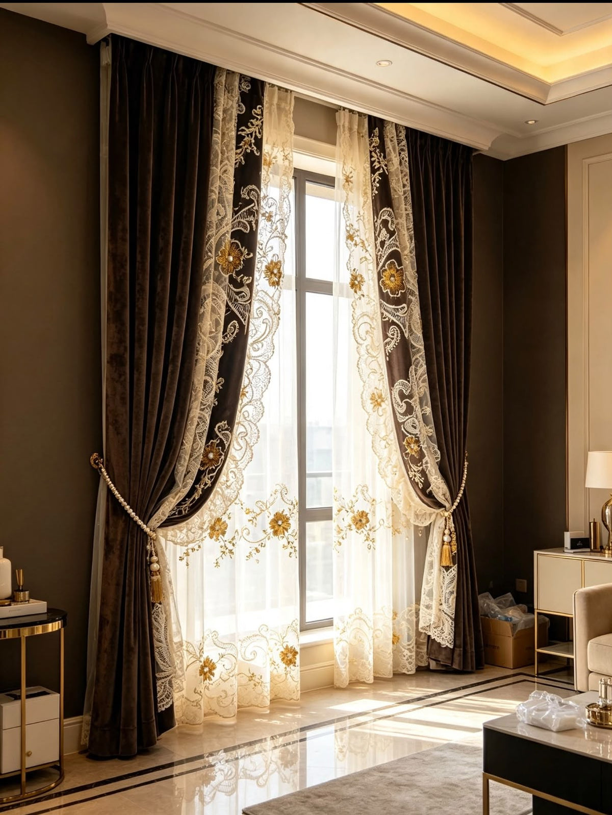 Opulent Floral Embroidered Burgundy Velvet Curtains — Width 2.5m, Length 2m — Luxury Double Layer Design