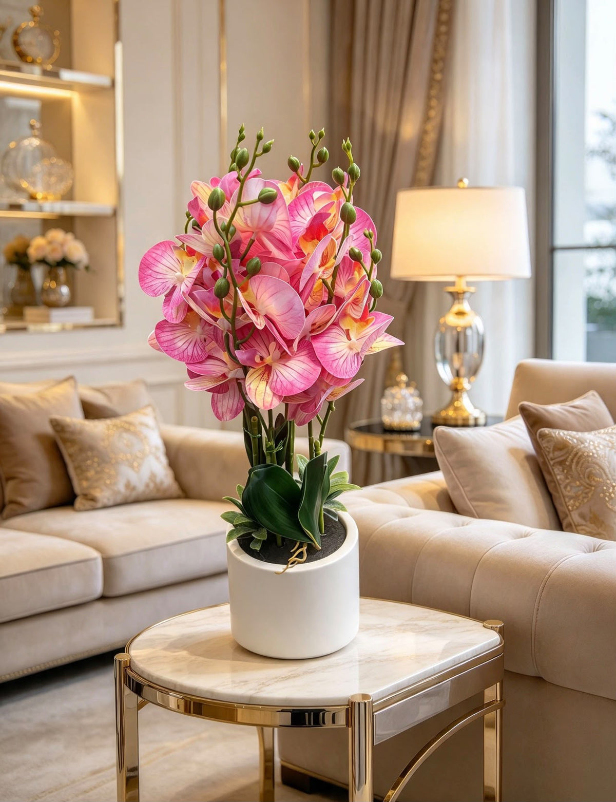 phalaenopsis orchid in white ceramic pot