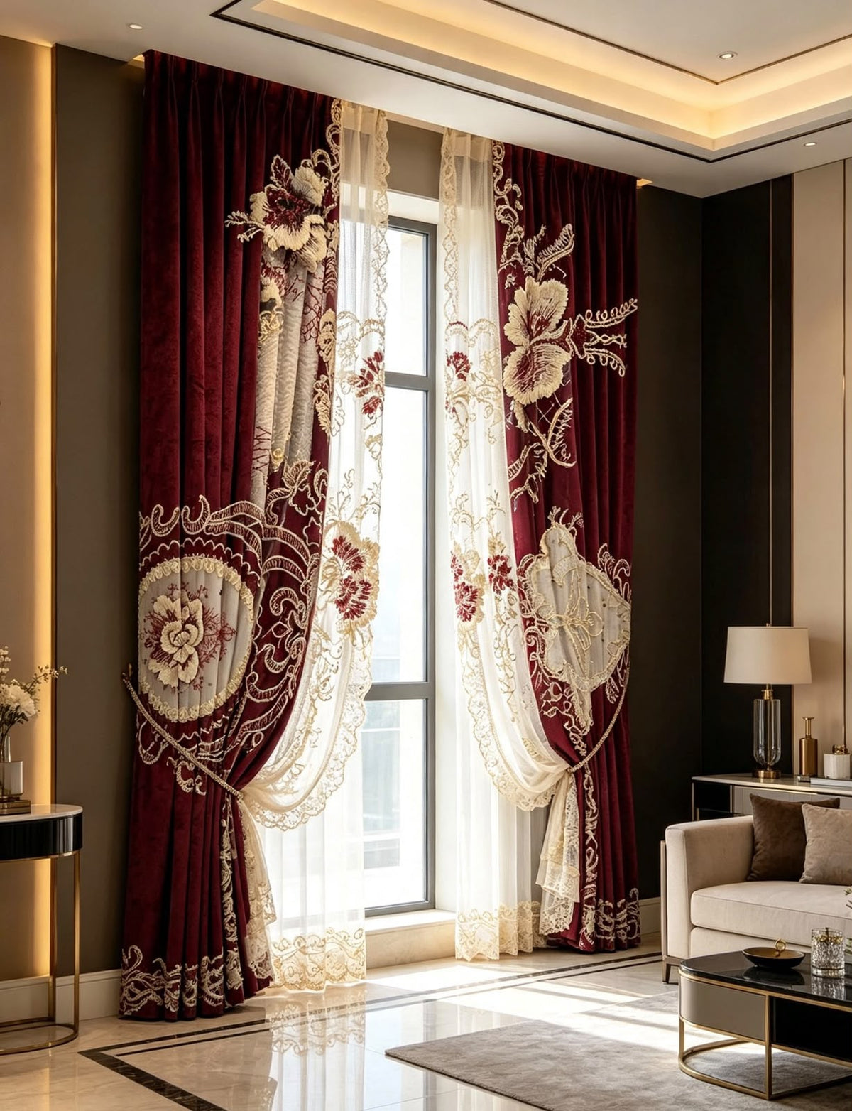 Opulent Floral Embroidered Burgundy Velvet Curtains — Width 2.5m, Length 2m — Luxury Double Layer Design