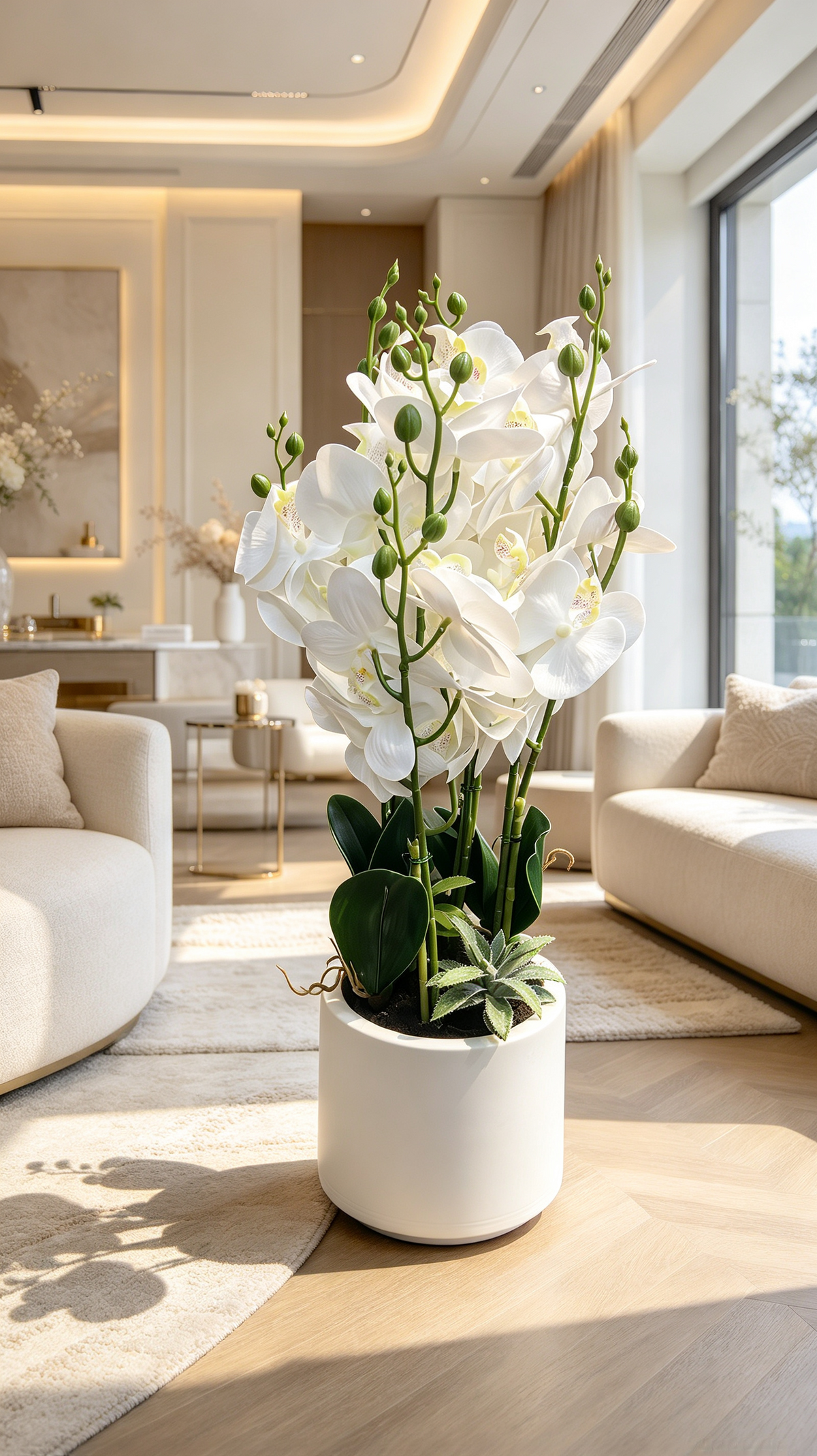 phalaenopsis orchid in white ceramic pot