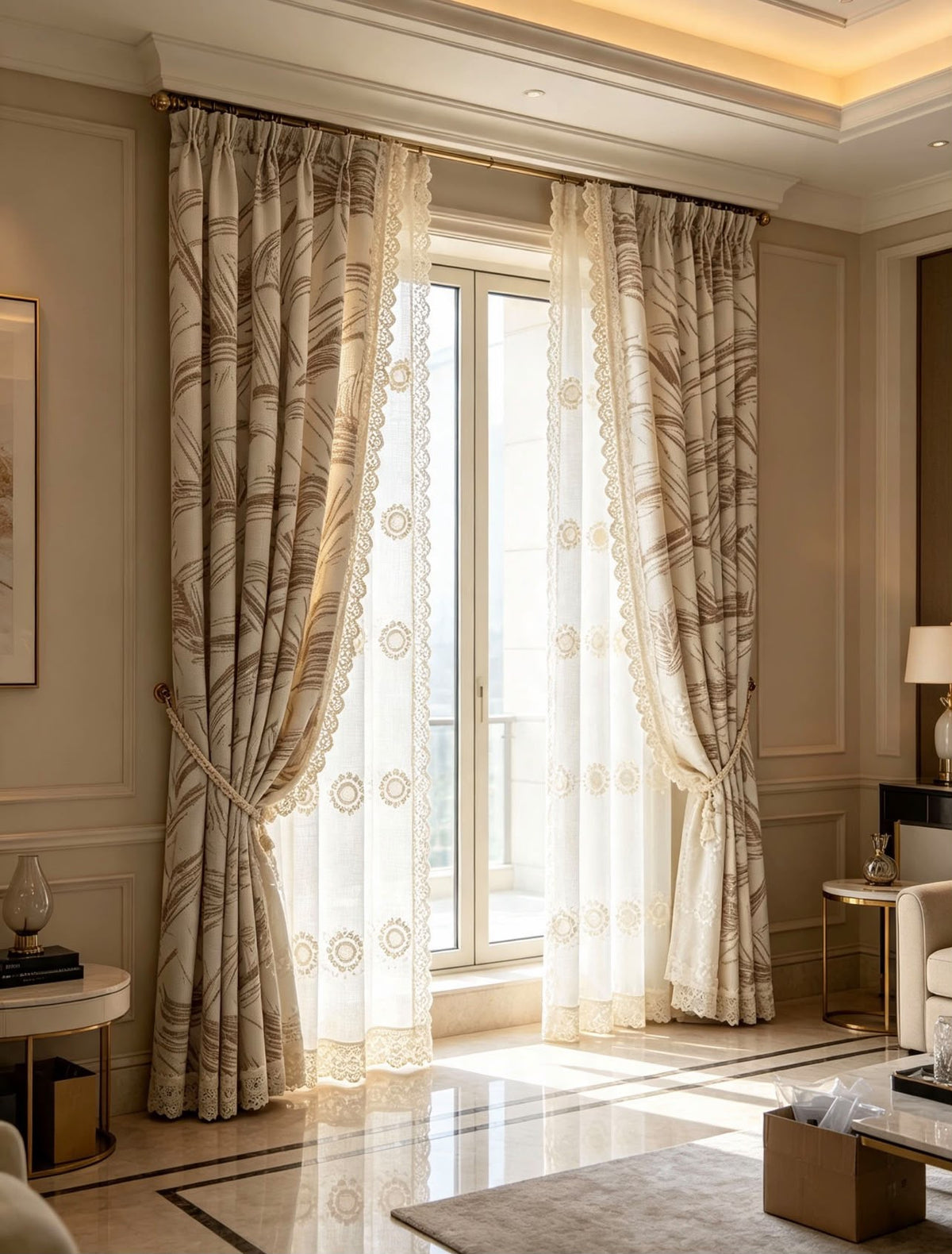 Elegant Beige Leaf Embroidered Lace Curtains — 3m Width × 2m Length